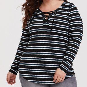 Torrid 3 3X Black Blue Striped‎ Knit V-Neck Lace-Up Long Sleeve Thermal Top Plus